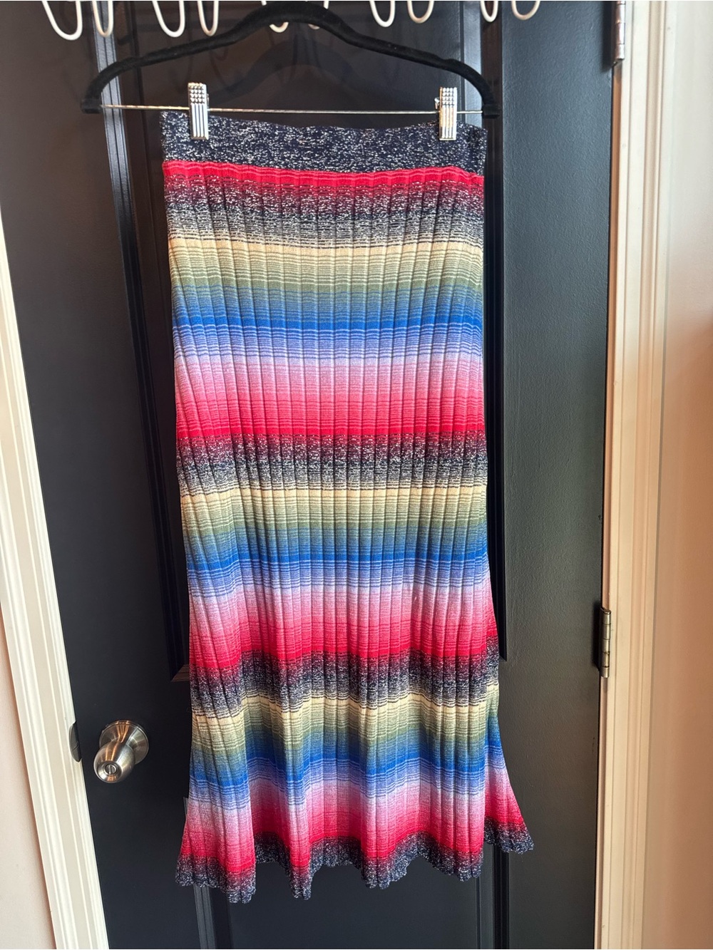 Zara Multicolor Striped Pleated Maxi Skirt - Red, Blue, Cream, Gray